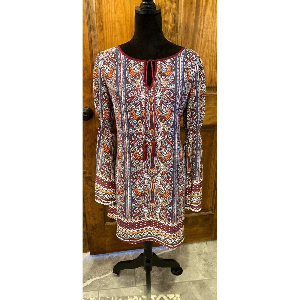 My Michelle Boho Paisley Dress Size Large Bell Sleeve Tunic Burgundy Hippie ‘70 - Picture 4 of 12